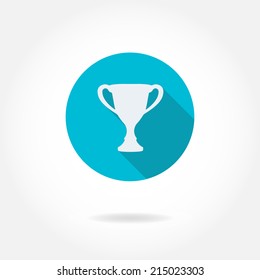 Trophy cup icon on a round frame. Vector winning champions cup sign. Flat design. 