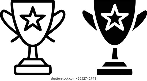Trophy Cup Icon Set – Black and White Vector Star Award Symbol for Victory and Success