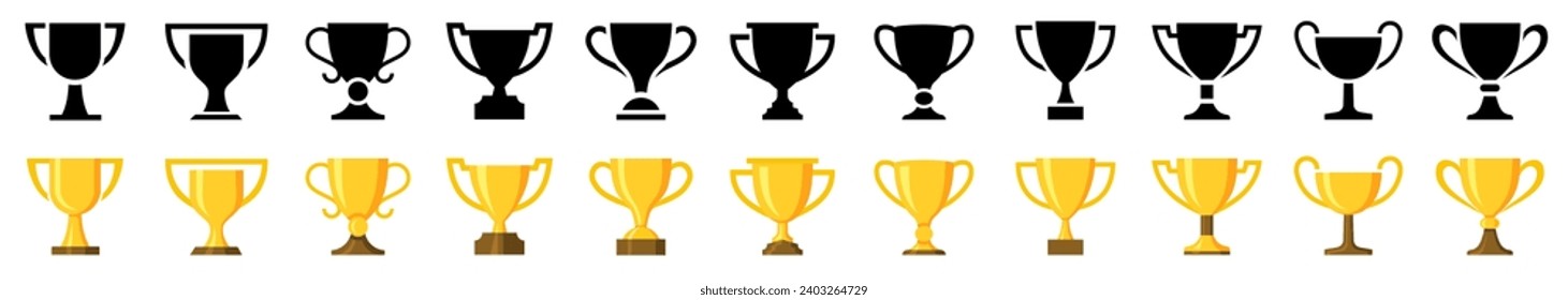 Iconos de copa de trofeo establecidos en un estilo diferente. Plano, silueta, colección de iconos lineales. Trofeo campeón de oro. Copas para el ganador. Ilustración del vector