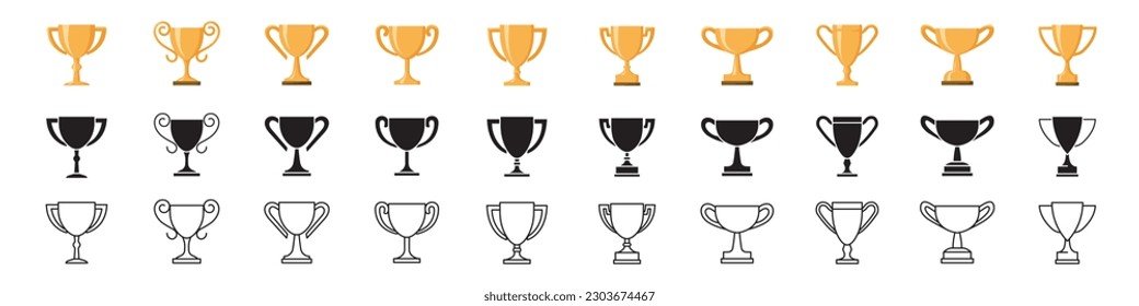 Trophy cup icons set. Flat, silhouette, linear style.