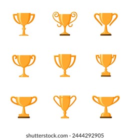 Trophy cup icons set. Flat, silhouette, linear style.