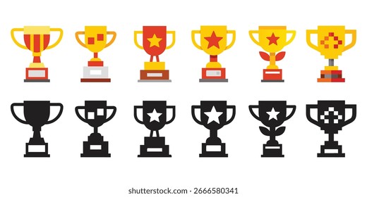 Trophy Cup Icons Set Flach und Pixel Art Reward Symbole, Achievement Awards Kollektion für Design