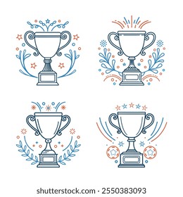 Trophy cup icons set. Outline illustration of winner cups with decorative elements. Sketch