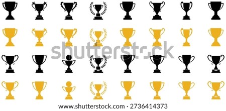 Trophy cup icons set showing award cups, winner trophies, achievement symbols, victory prizes, and competition awards in multiple styles.