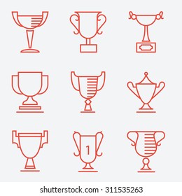 Trophy cup icons, thin line style, flat design