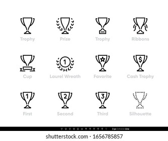 Trophy Cup icons vector set. Awards with Ribbons. Editable line set on white background