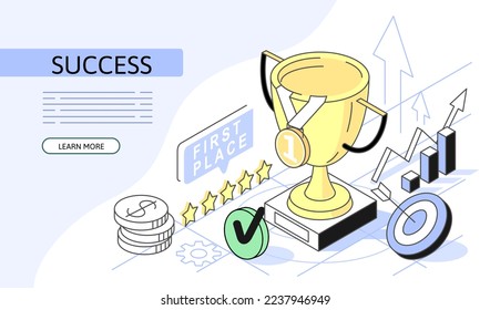 Trophy cup Isometric Concept. Use for web page, banner, infographics. Flat illustration editable line.