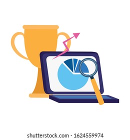 trophy cup, laptop computer and magnifying glass over white background, colorful design, vector illustration