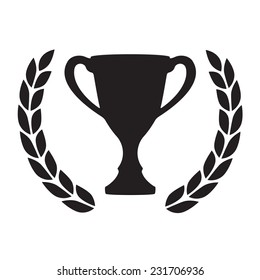 Trophy cup with Laurel wreath. Award icon or sign. Black winner symbol on white background. Vector illustration. 