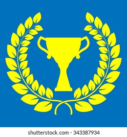 Trophy cup and laurel wreath. First place award or Champions cup icon. Vector illustration.