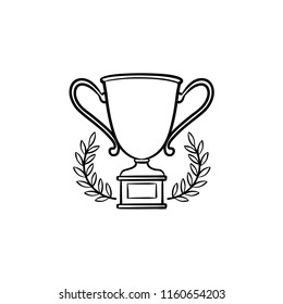 Trophy cup with laurel wreath hand drawn outline doodle icon. Competition winner, success achievement concept. Vector sketch illustration for print, web, mobile and infographics on white background.