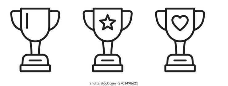 Trophy Cup Line Icon Set – Símbolos de premio y victoria con Diseños de corazón y estrella.