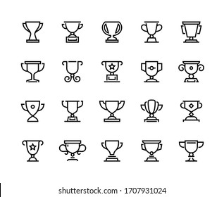 Trophy cup line icons. Competition prize and sport team awards, winner reward and competition award symbols. Vector set black reward icon isolated on white