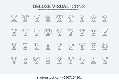 Trophy cup line icons set. Goblets of different shapes, award labels for achievements winner and tournament champion, premium prize of victory thin black and red outline symbols vector illustration