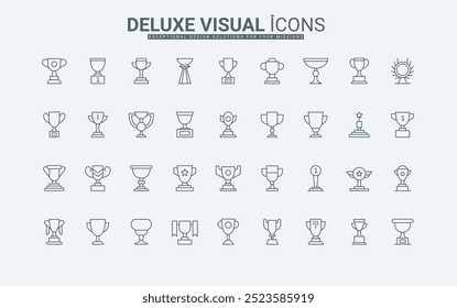 Trophy cup line icons set. Goblets of different shapes, award labels for achievements, winner and tournament champion, premium prize of victory thin black outline symbols vector illustration.