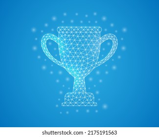 Trophy cup low poly symbol with white connected dots. 3d geometric polygonal Winner. Champion, award, prize design vector illustration.