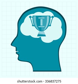 Trophy Cup in the man's head. Dream about winning the competition, thinking about the first place.