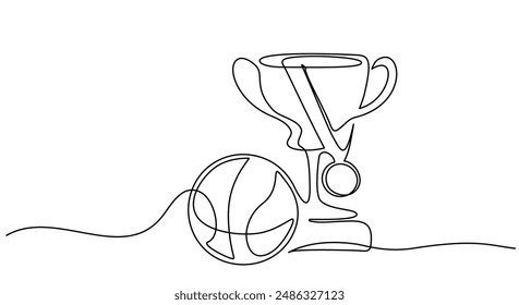 Pokal mit Medaille und Basketball. Champion Cup Ikone mit Basketball. Meisterschaftstrophäe in der Schule. Fortlaufender einzeiliger Zeichnungsentwurf. Vektorillustration