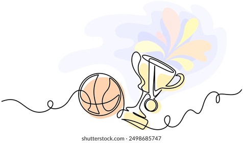 Trophy cup with medal and basketball ball. Champion cup icon with basketball. Championship trophy in school. Continuous one line drawing design. vector illustration