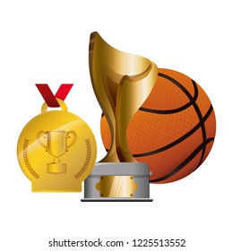 trophy cup and medal with basketball balloon