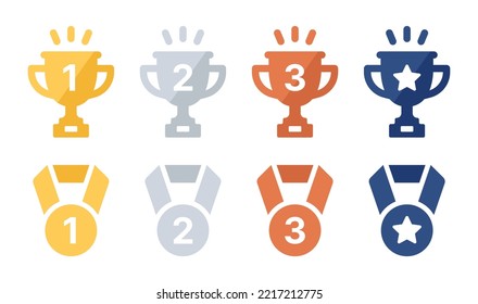 Trophy cup and Medal icon set. Champion winner award icon collection. Championship prize place 1 2 3 symbol. Vector illustration.