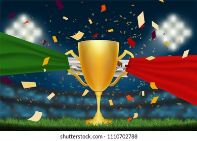 Trophy cup with Mexico flag on field in soccer stadium to celebrate for football match result with spot light background. Design for banner, poster of championship template in vector illustration