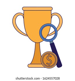 trophy cup with money coin and magnifying glass over white background, flat designvector illustration