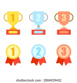 Trophy cup number with 1, 2,3 places flat design vector icon. Award ribbon with 1,2,3 places number icons