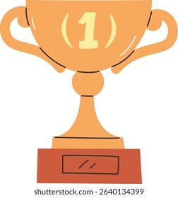 A trophy cup with a number one in bold lines and flat style. The award symbol is depicted with a prominent numeral and elegant handles. Cartoon vector illustration.