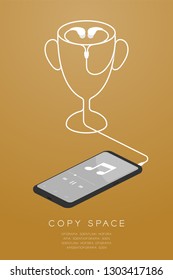 Trophy Cup Number one shape made from cable Earphones, In ear type with Smartphone isometric flat design, Winner music concept illustration isolated on gold gradient background with space, vector