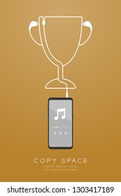 Trophy Cup Number one shape made from cable Earphones, In ear type with Smartphone flat design, Winner music concept illustration isolated on gold gradient background, with copy space vector eps 10
