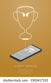 Trophy Cup Number one shape made from cable Earphones wireless remote, In ear type with Smartphone isometric flat design, Winner music concept illustration isolated on gold gradient background, vector