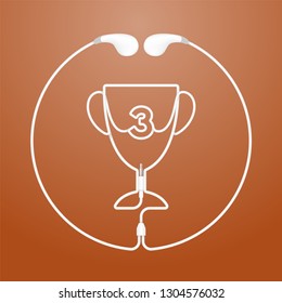 Trophy Cup Number three shape in circle frame made from cable Earphones, earbud type, Winner music concept illustration isolated on copper gradient background, with copy space vector eps 10