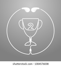 Trophy Cup Number two shape in circle frame made from cable Earphones, earbud type, Winner music concept illustration isolated on silver gradient background, with copy space vector eps 10