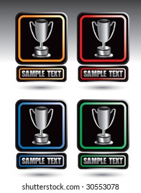 trophy cup on multicolored nameplate