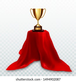 A trophy cup on a pedestal covered with red pleated fabric. Realistic vector illustration.