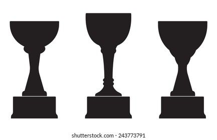 Trophy Cup on prize podium. First, second and third place award. Champions or winners Infographic elements. Black Vector illustration on white background. 