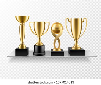 Trophy cup on shelf. Realistic golden cup awards on glass shelves. Championship and business achievement metallic shiny prize trophies isolated vector concept