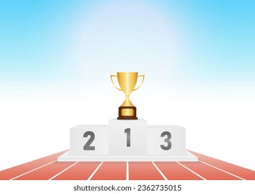 Trophy Cup on Sport Winner Podium on Running Track or Athlete Track.  Pedestal Sport Podiums. Podium Winner Stand. Vector Illustration.