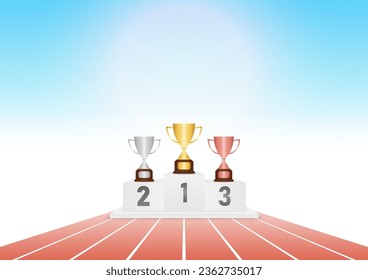 Trophy Cup on Sport Winner Podium on Running Track or Athlete Track.  Pedestal Sport Podiums. Podium Winner Stand. Vector Illustration.