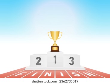 Trophy Cup on Sport Winner Podium on Running Track or Athlete Track.  Pedestal Sport Podiums. Podium Winner Stand. Vector Illustration.