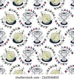 Trophy cup and Onion. Seamless pattern on a white background. Cute vector illustration.