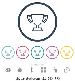 Trophy cup outline flat color icons in round outlines. 6 bonus icons included.