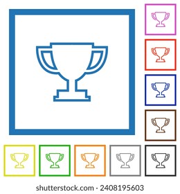 Trophy cup outline flat color icons in square frames on white background