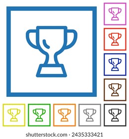 Trophy cup outline flat color icons in square frames on white background