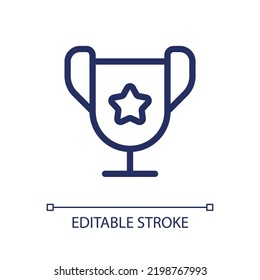 Trophy cup pixel perfect linear ui icon. Outstanding student award. Academic competition. GUI, UX design. Outline isolated user interface element for app and web. Editable stroke. Arial font used