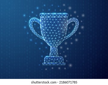 Trophy cup polygonal symbol with binary code background. Award concept design vector illustration. Blue Prize low poly symbol with connected dots