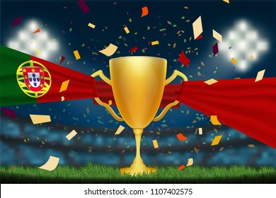 Trophy cup with Portugal flag on field in soccer stadium to celebrate for football match result with spot light background. Design for banner, poster of championship template in vector illustration