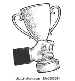 Trophy cup prize in hand sketch engraving vector illustration. T-shirt apparel print design. Scratch board style imitation. Black and white hand drawn image.