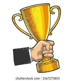 Trophy cup prize in hand sketch engraving vector illustration. T-shirt apparel print design. Scratch board style imitation. Black and white hand drawn image.